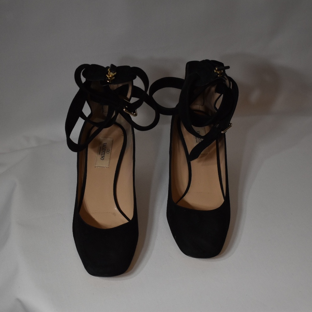 Black suede Valentino square-toe pumps